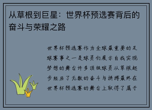 从草根到巨星：世界杯预选赛背后的奋斗与荣耀之路